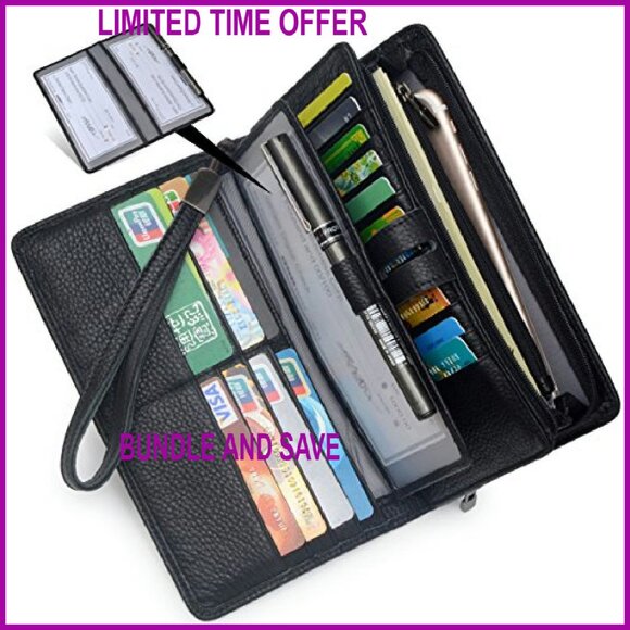 Large RFID Leather Wristlet Wallet Organizer with Phone Pocket - Picture 4 of 7